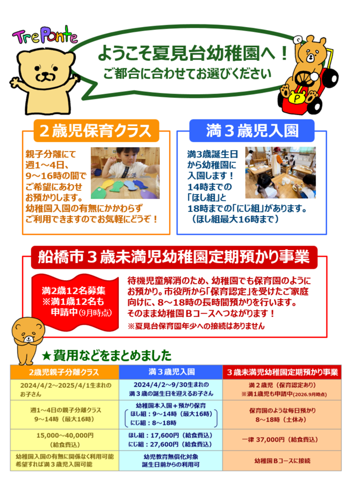 ２歳児保育クラス・満３歳児入園・3歳未満児幼稚園定期預かり事業の比較表